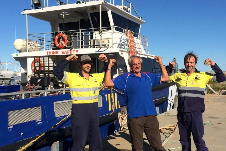 Deckhand Jesse Bailey (l) and boat master Lance Dennis rescued John Sanders (c) after his yacht started taking on water off WA's Gascoyne coast. 28 June 2015